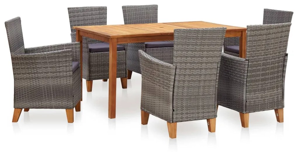 vidaXL 7 pcs conjunto jantar vime PE madeira acácia maciça cinzento