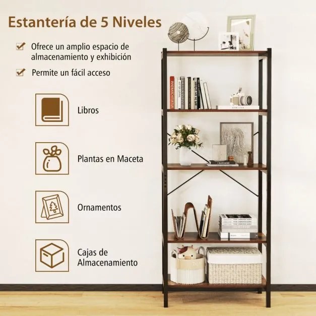 Estante de 5 níveis com estrutura metálica e sistema duplo anti-queda para escritório Sala de estar Castanho