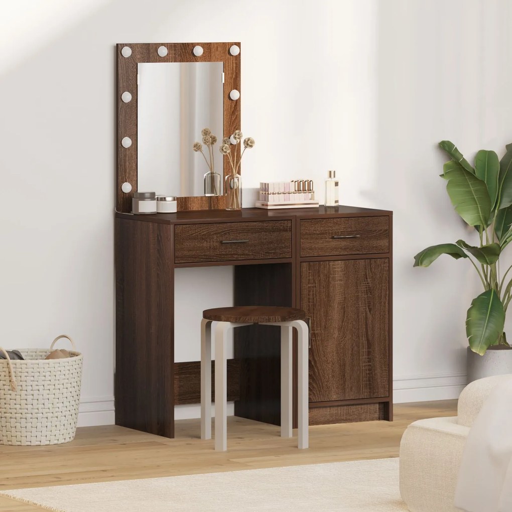 Conjunto de Mesa de Maquilhagem de 2 Peças com LED em Madeira de Carva