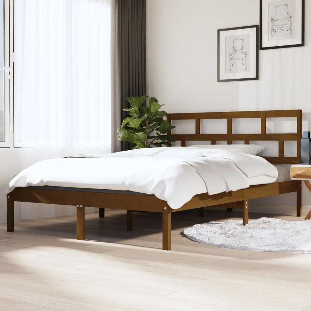 Estrutura cama dupla 135x190 cm madeira maciça castanho-mel