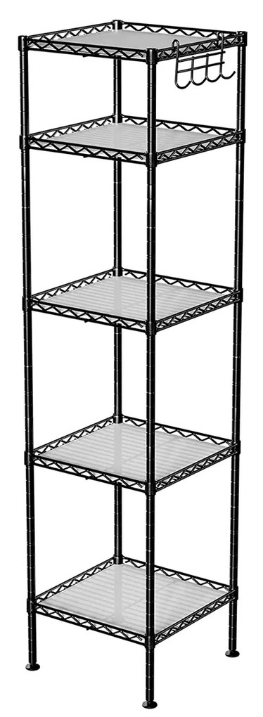 Prateleira de banheiro SONGMICS, rack de armazenamento de metal, capacidade de carga total 100 kg, com 5 folhas de PP, ganchos removíveis, 30 x 30 x 123,5 cm, design expansível, para espaços pequenos, preto e translúcido LGR23BK