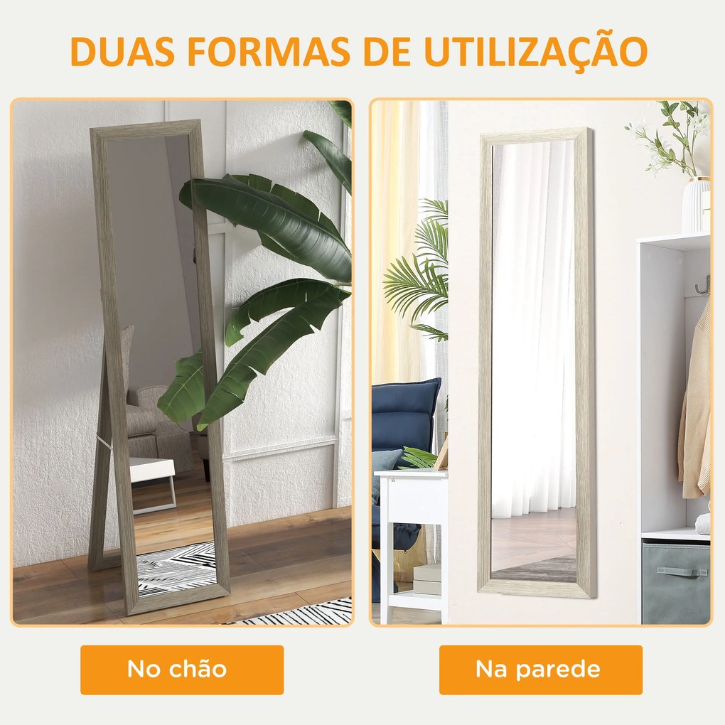 Espelho de Pé 37x155 cm Espelho de Corpo Inteiro Espelho de Parede Retangular com Estrutura de Madeira Cinzento