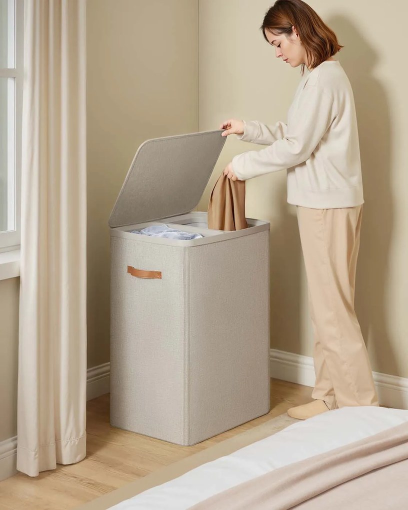 Cesto para roupa suja 170 L com 2 compartimentos 56 x 40 x 75 cm bege cappuccino