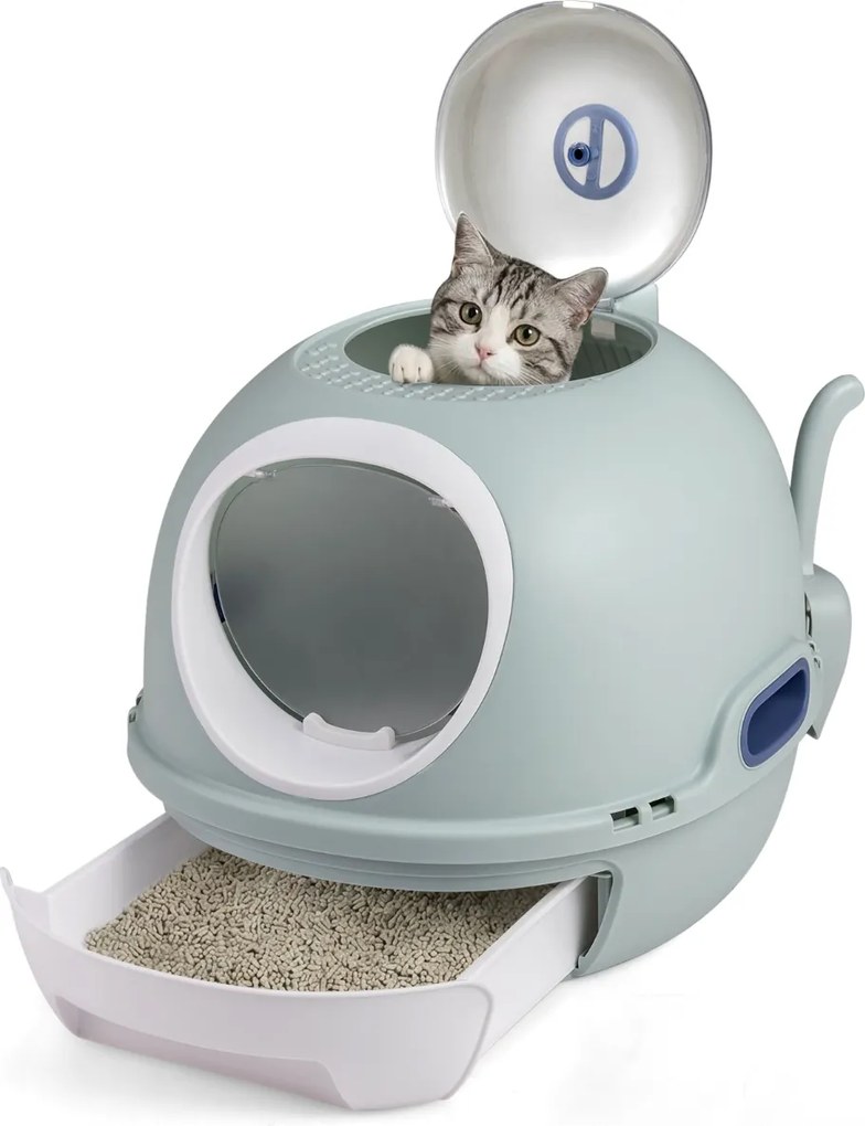 Caixa de areia fechada para gatos com entrada frontal e superior, inclui pá e bandeja para gatos até 10 kg, cinza