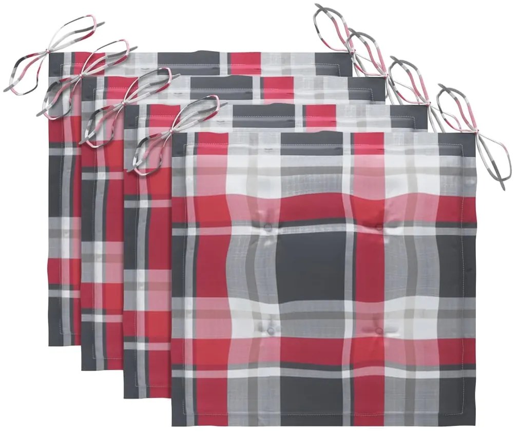 Cadeiras jardim c/ almofadões xadrez vermelho 4 pcs teca maciça