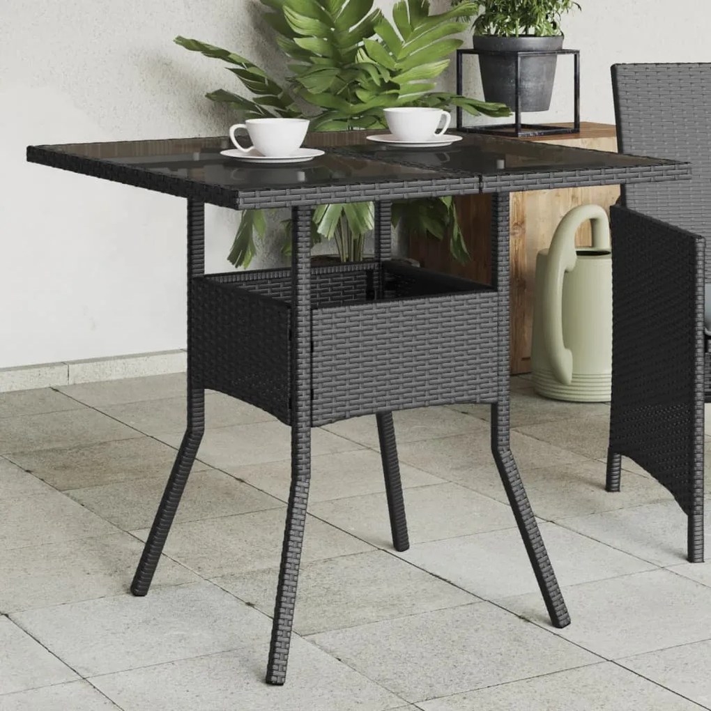 vidaXL Mesa de jardim com tampo de vidro 80x80x75 cm vime PE preto