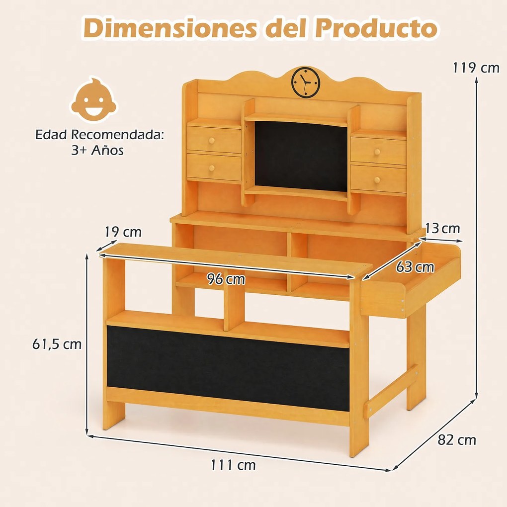Loja de Brincar Infantil, 111,5 x 82 x 119,5 cm, Com Quadros de Ardósia, Amarelo