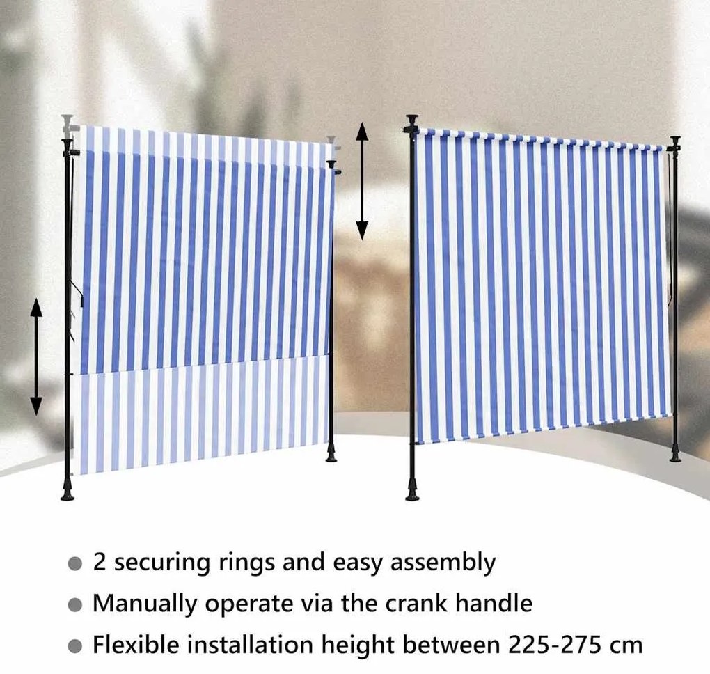 Estore de rolo para exterior 150x270cm tecido/aço azul e branco