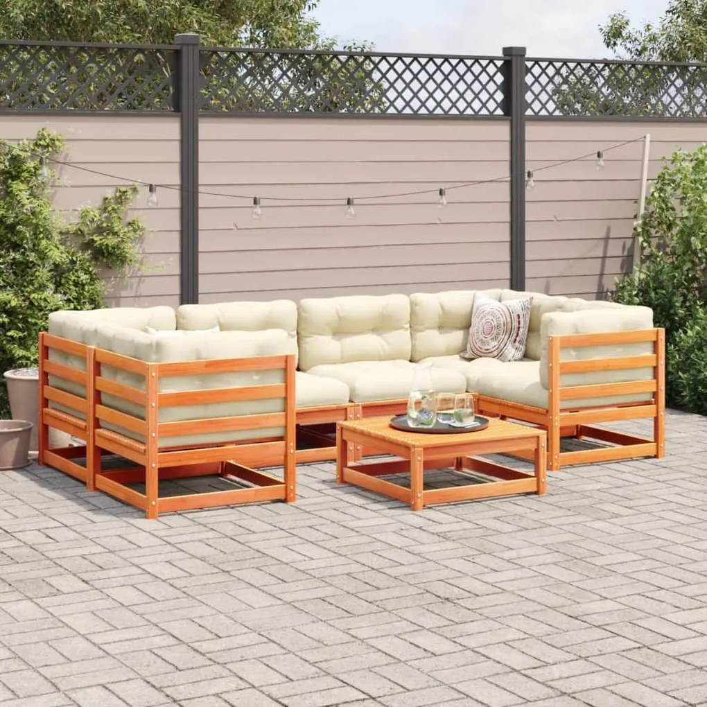 7 pcs conjunto sofás de jardim madeira de pinho castanho cera