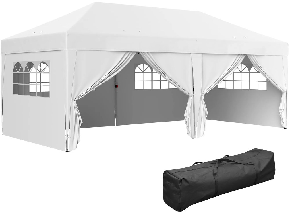 Outsunny Tenda Dobrável 5,90x2,95 m Tenda de Jardim com 6 Paredes Laterais Impermeável Anti-UV e Bolsa de Transporte Branco