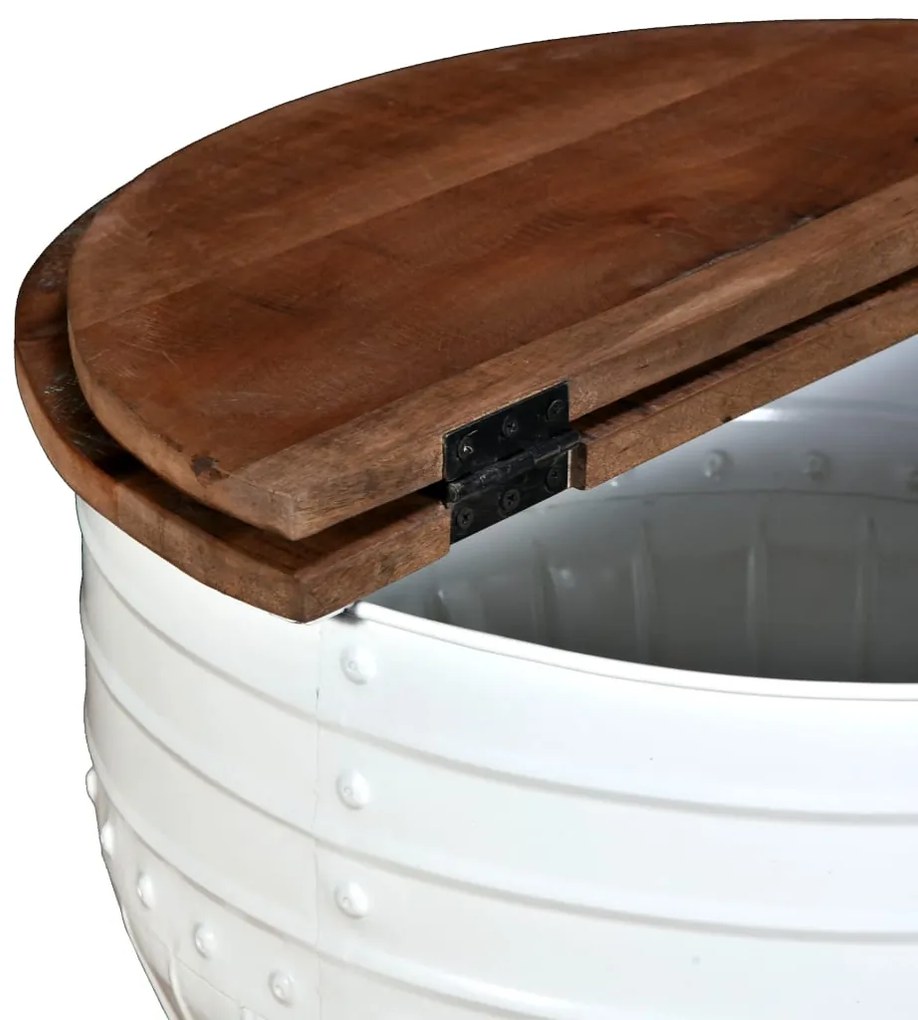 Mesa centro madeira reciclada maciça branca em forma de barril