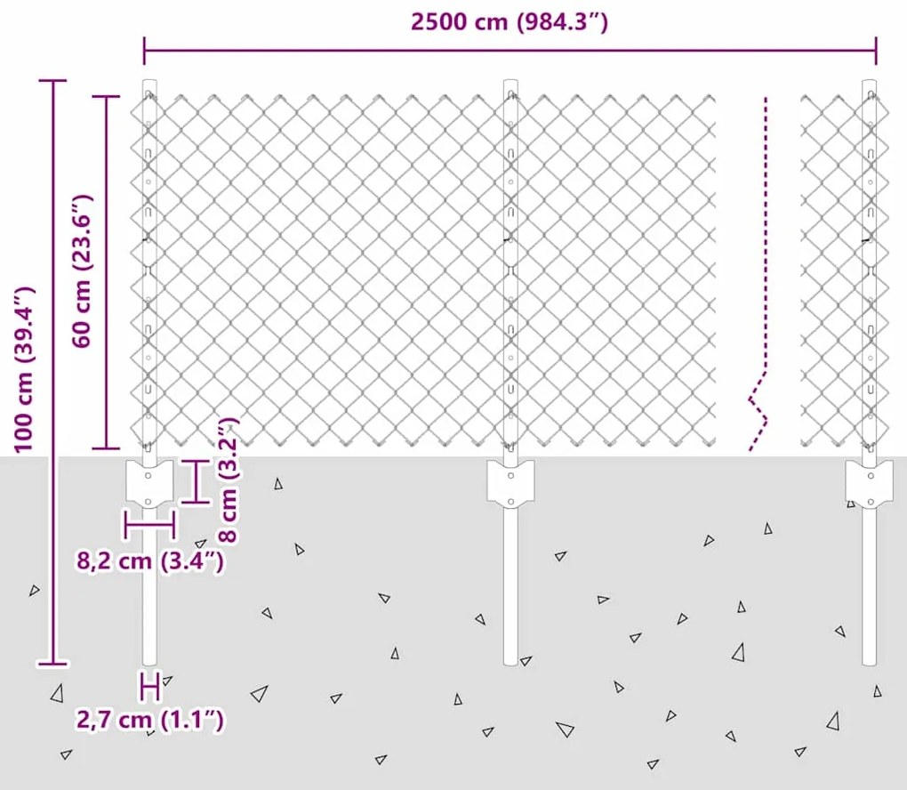 Cerca de Cadeia com 22 Postes U Cinza 0.6x25 m de Aço