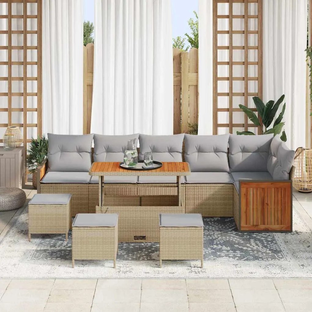 Conjunto de Sofá de Jardim de 10 Peças com Almofadas Bege Rattan Sinté