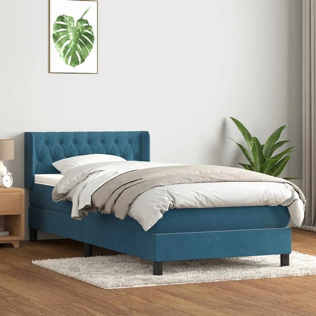 Cama com molas/colchão 90x220 cm veludo azul-escuro