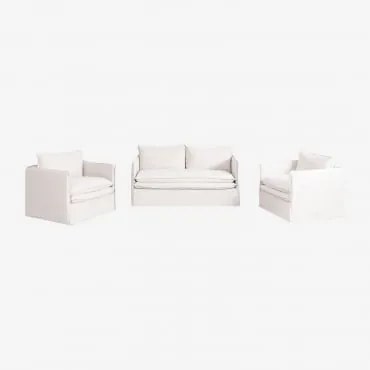 Conjunto De Sala De Estar Com Sofá De 2 Lugares E 2 Poltronas Em Linho E Algodão Grace Tecido Branco Quebrado - Sklum