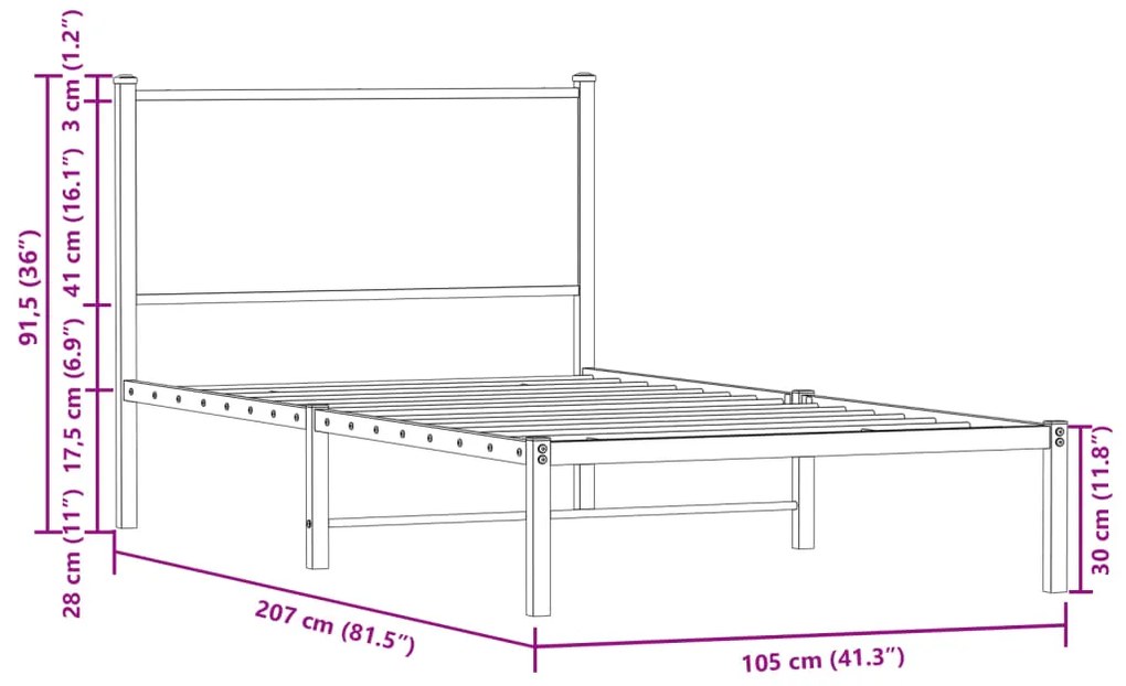 Estrutura de cama sem colchão 100x200 cm metal carvalho sonoma