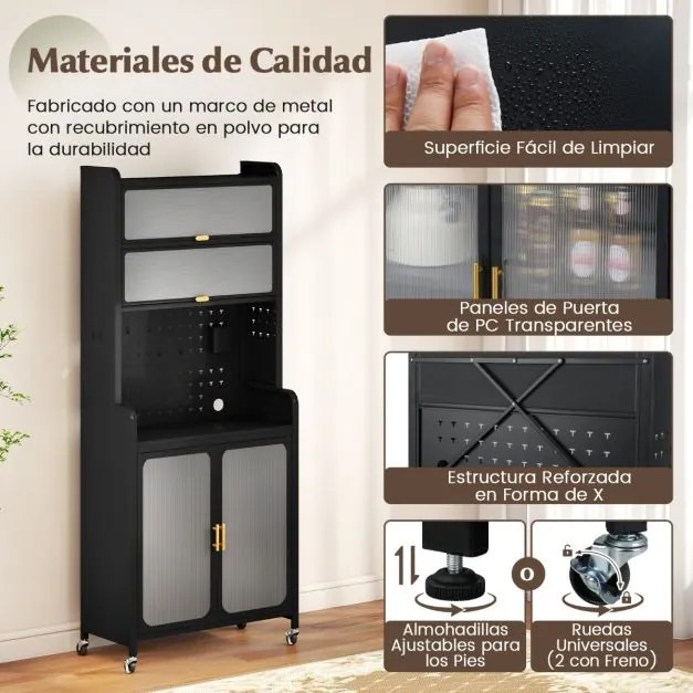 Armário de cozinha de 6 níveis com rodas 79 x 37 x 192 cm, pés fixos, portas transparentes e prateleira ajustável Preto