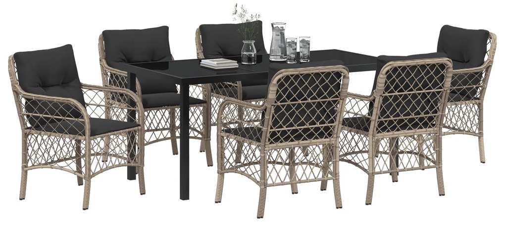 Conjunto de Jantar de Jardim 7 Peças com Almofadas Cinzento Claro Vime