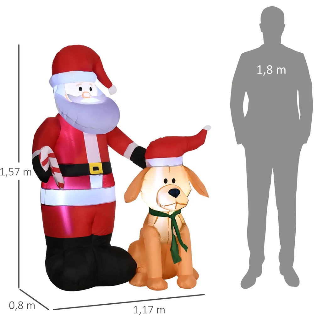 Pai Natal Insuflável com Cão 9 Luzes LED IP44 e Inflador Elétrico Decoração de Natal para Interiores Exteriores 117x80x157cm Multicor