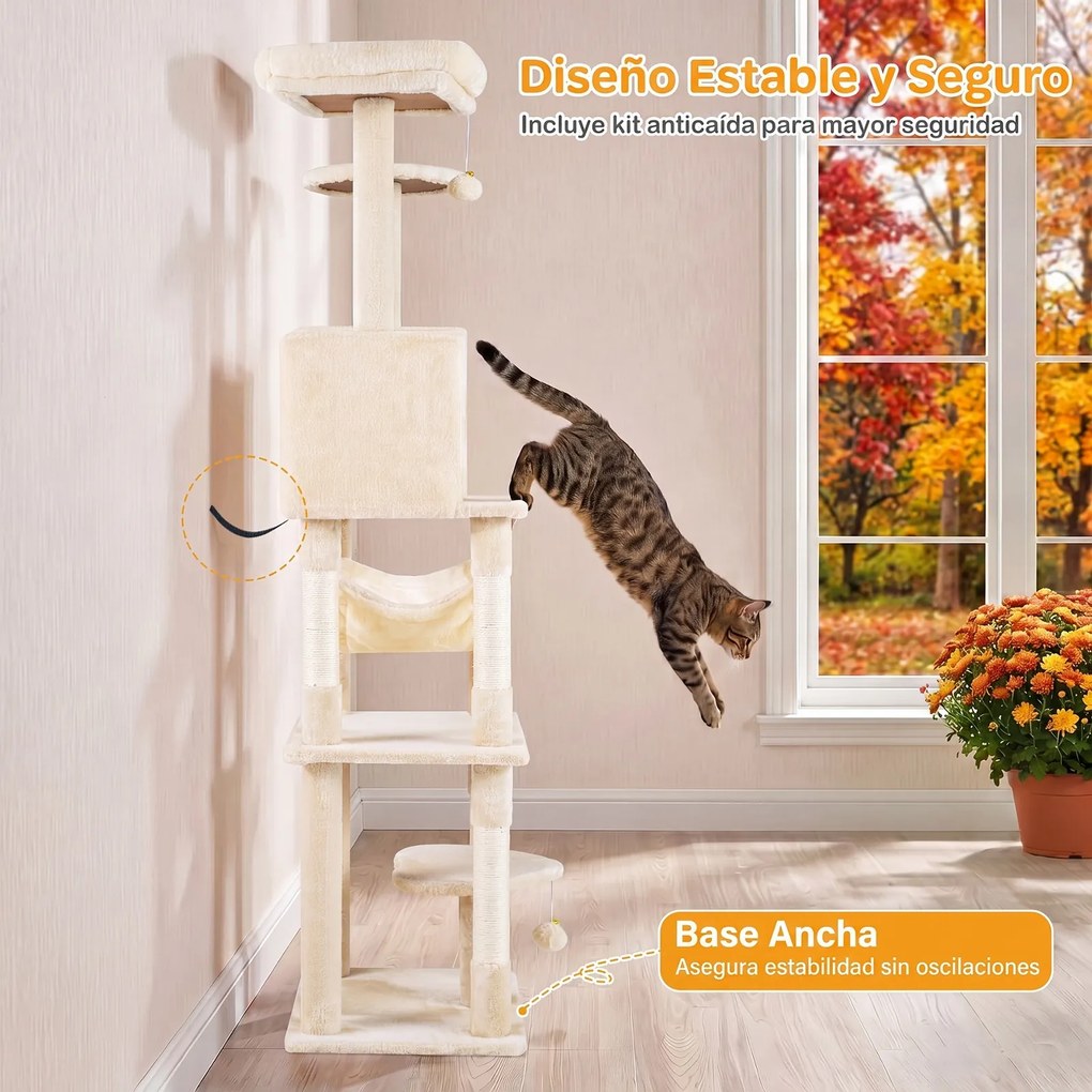 Árvore para Gatos Multinível, 73 x 50 x 168 cm, Postes de Arranhar em Sisal, Bege