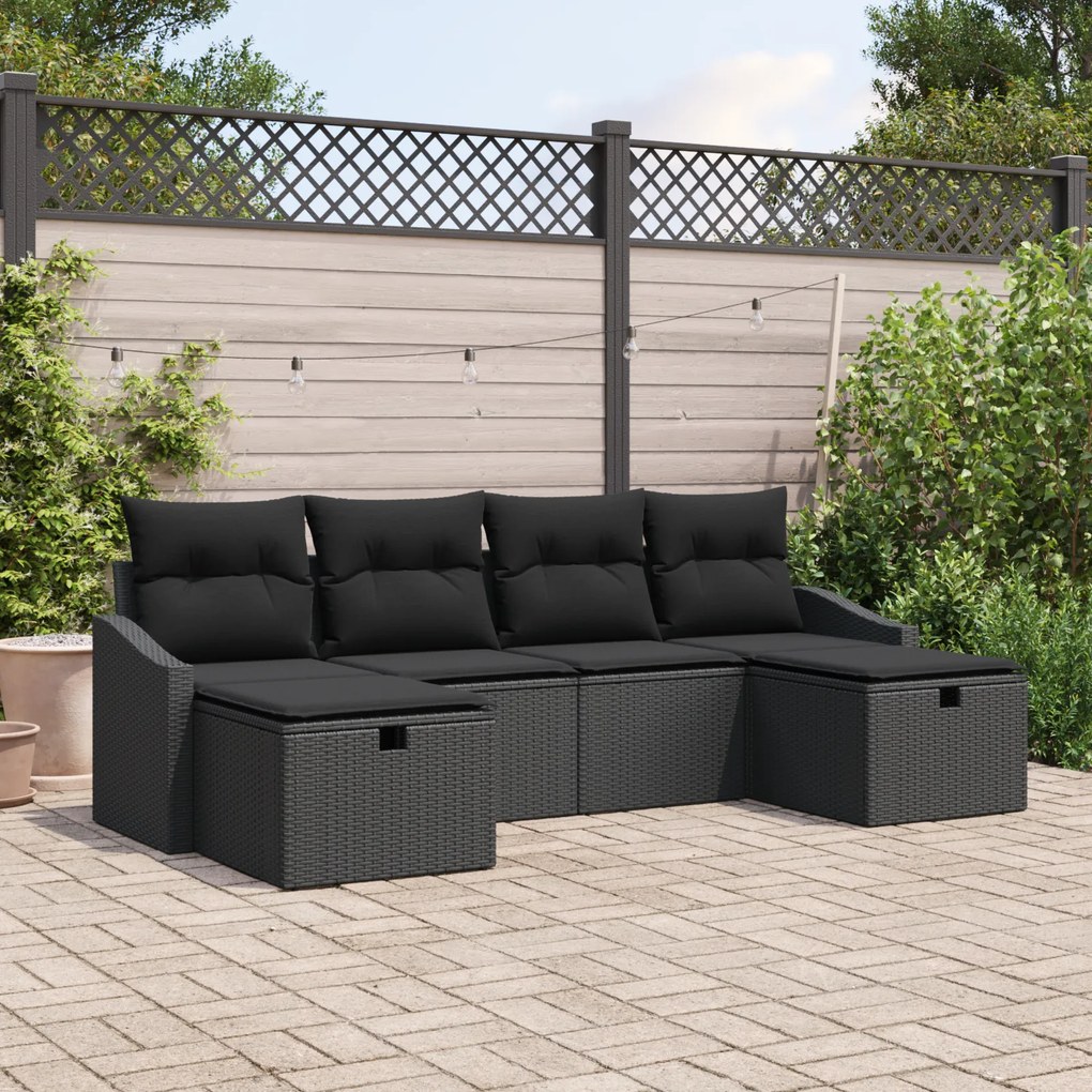Conjunto de Sofá de Jardim de 6 peças com Almofadas Pretas de Rattan P