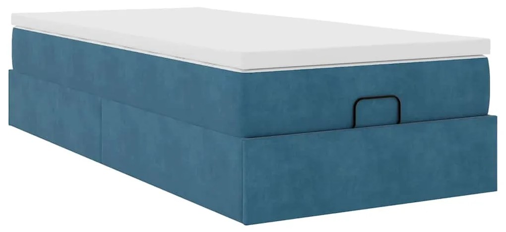 Estrutura cama otomana com colchão azul escuro 90x190cm veludo