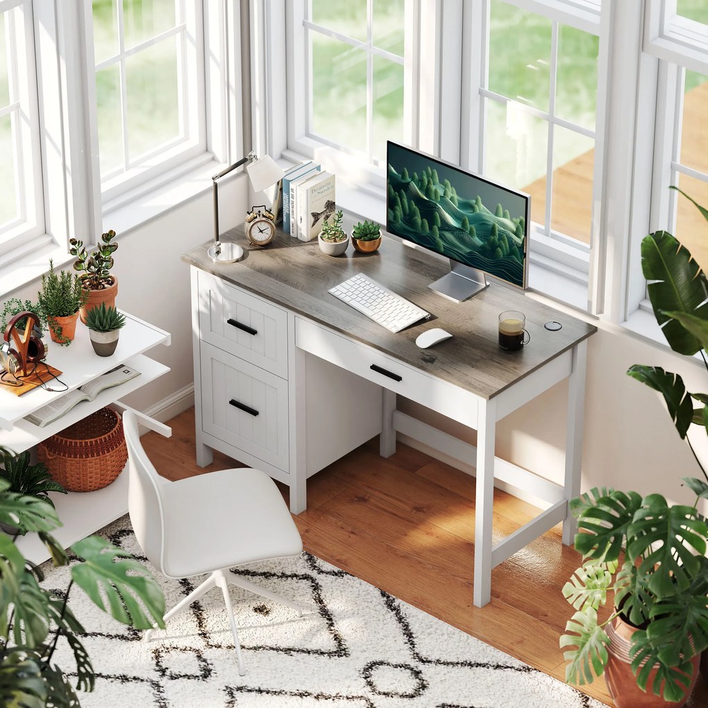 Secretária Rústica com 3 Gavetas e Bancada com Efeito Madeira Mesa para Computador para Estudo Escritório 120x50x76,2 cm Branco