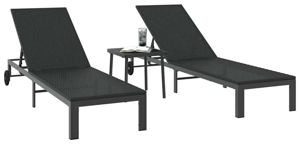 Espreguiçadeiras 2 pcs com Rodas e Mesa em Rattan Preto