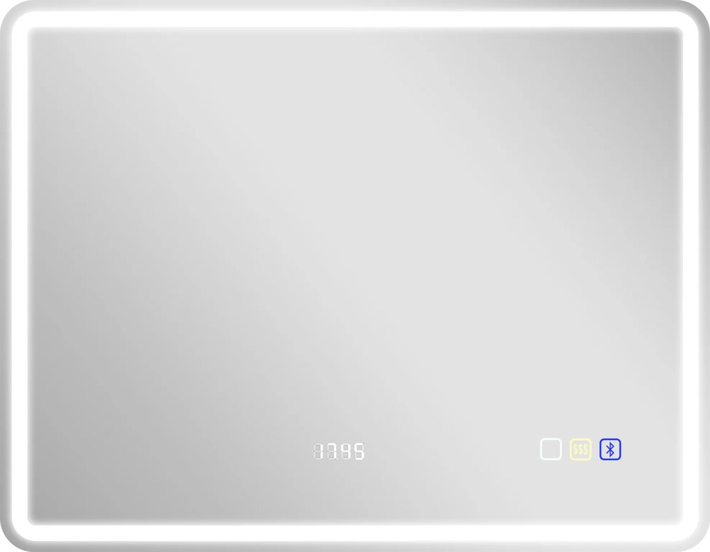 HOMCOM Espelho de Banheiro com Iluminação LED, Pad Antiembaçamento, 3 Cores Ajustáveis, Relógio, 70 x 90 cm, Cor Prata | Aosom Portugal