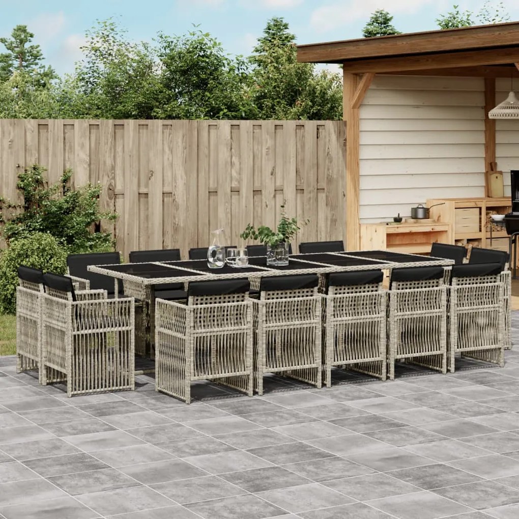 vidaXL 15 pcs conj. jantar jardim c/ almofadões vime PE cinzento-claro
