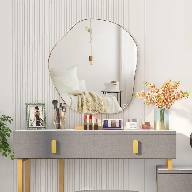 Espelho de parede irregular com moldura metálica e parafusos de expansão Espelho Toucador decorativo para sala de estar 75,5 x 70 cm Dourado