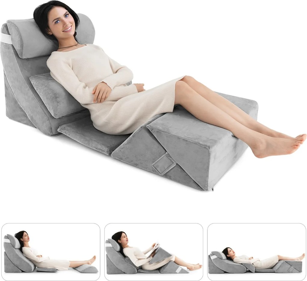 Conjunto de 7 almofadas de espuma viscoelástica ajustáveis para encosto de cama Almofadas de cabeça/pescoço/costas 119 x 59 x 55 cm Cinzento