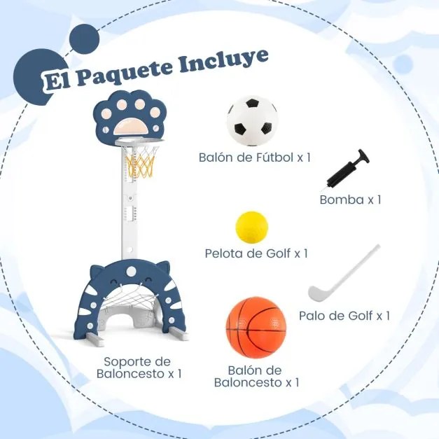 Cesto de basquetebol 3 em 1 ajustável em altura com jogos de futebol e golfe para crianças a partir dos 3 anos 65 x 49 x 130-151 cm Azul