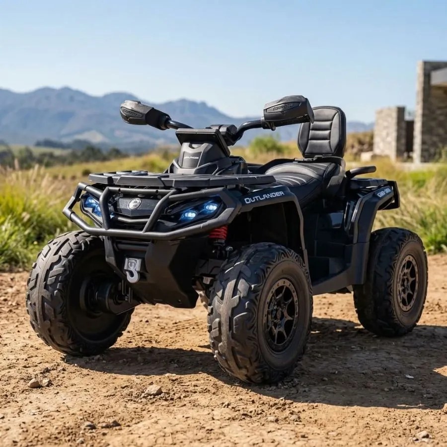 Moto 4 elétrica para crianças 3 a 7 anos, 12V Can Am Outlander 4x4 com controlo remoto, rodas Espuma EVA, assento couro Carga até 50Kg Preta