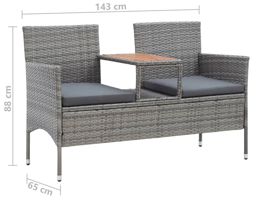 Banco de jardim 2 lugares com mesa centro 143 cm vime PE cinza