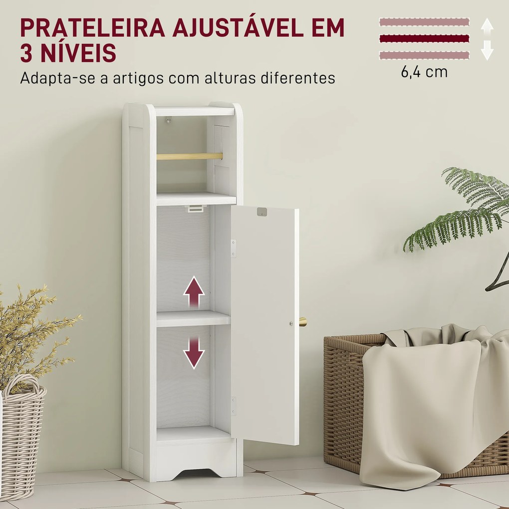Armário de Casa de Banho Estreito Móvel Auxiliar de Casa de Banho 21x20x79 cm com Prateleira Ajustável Suporte para Papel Higiénico Branco