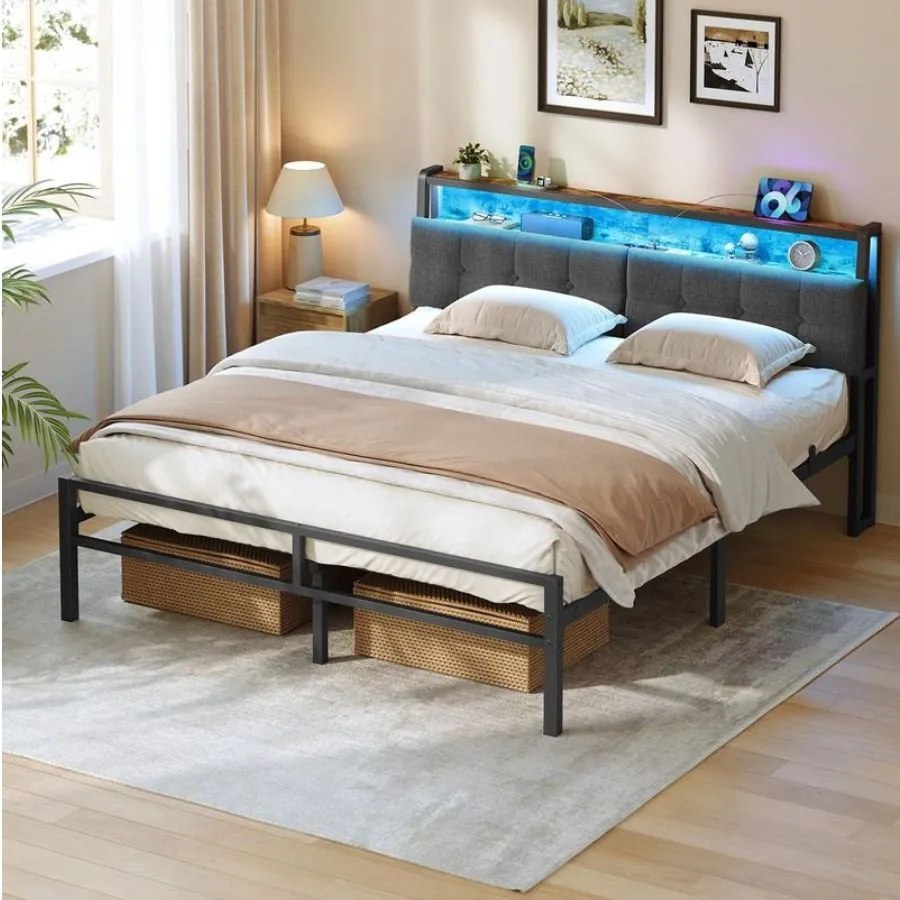 Cama de metal 160 x 200 cm (COLCHÃO NÃO INCLUIDO), estrutura com cabeceira, cama com espaço de arrumação e iluminação LED Preto mate, castanho vintage