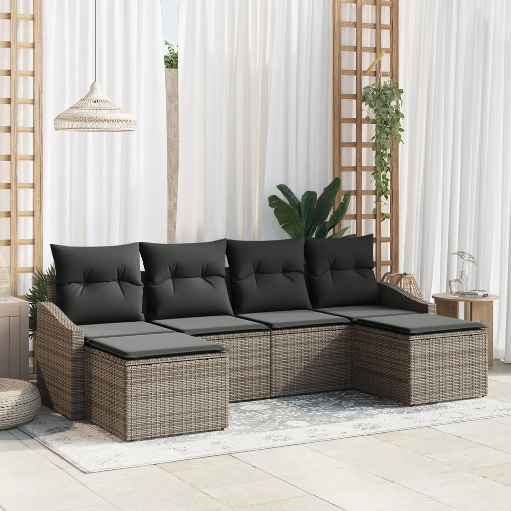 Conjunto de Jantar de 6 Peças com Almofadas Rattan Poliéster Cinza