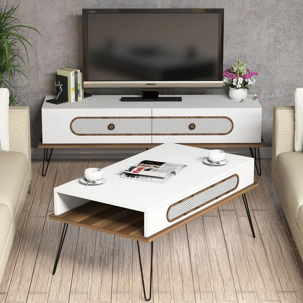 Conjunto de Mobiliário de Sala de Estar Ekol – Branco – TV Unit: 145x4