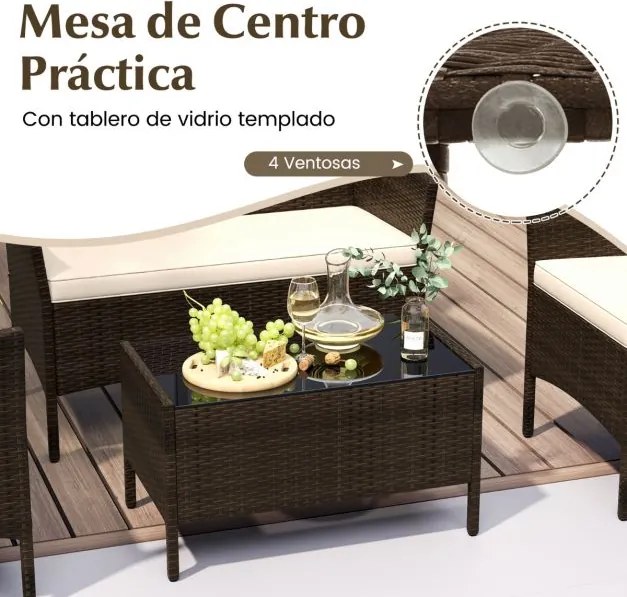 Conjunto de jardim, 4 peças: mobiliário de exterior com cadeira, sofá de 2 lugares e mesa de vidro temperado Castanho misto e almofadas Creme