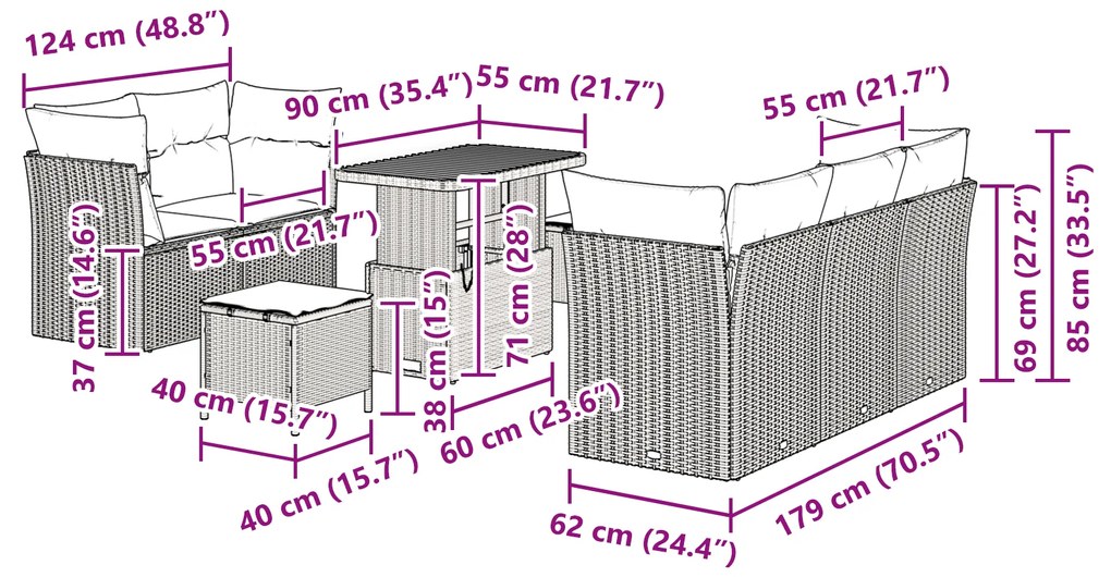 Conjunto de Sofás de Jardim vidaXL com 8 Peças e Almofadas Cinza Ratta