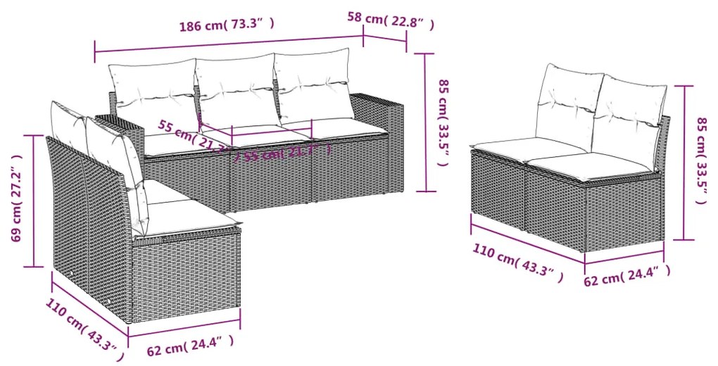 7 pcs conjunto de sofás p/ jardim com almofadões vime PE bege