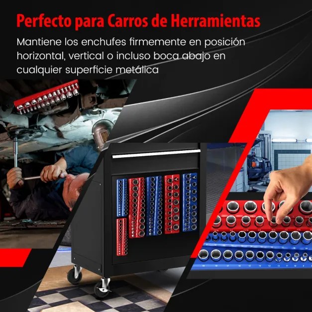 Conjunto de 6 organizadores magnéticos para porta-soquetes métricos e imperiais com soquetes de 1/2, 3/8 e 1/4 polegadas azul e vermelho