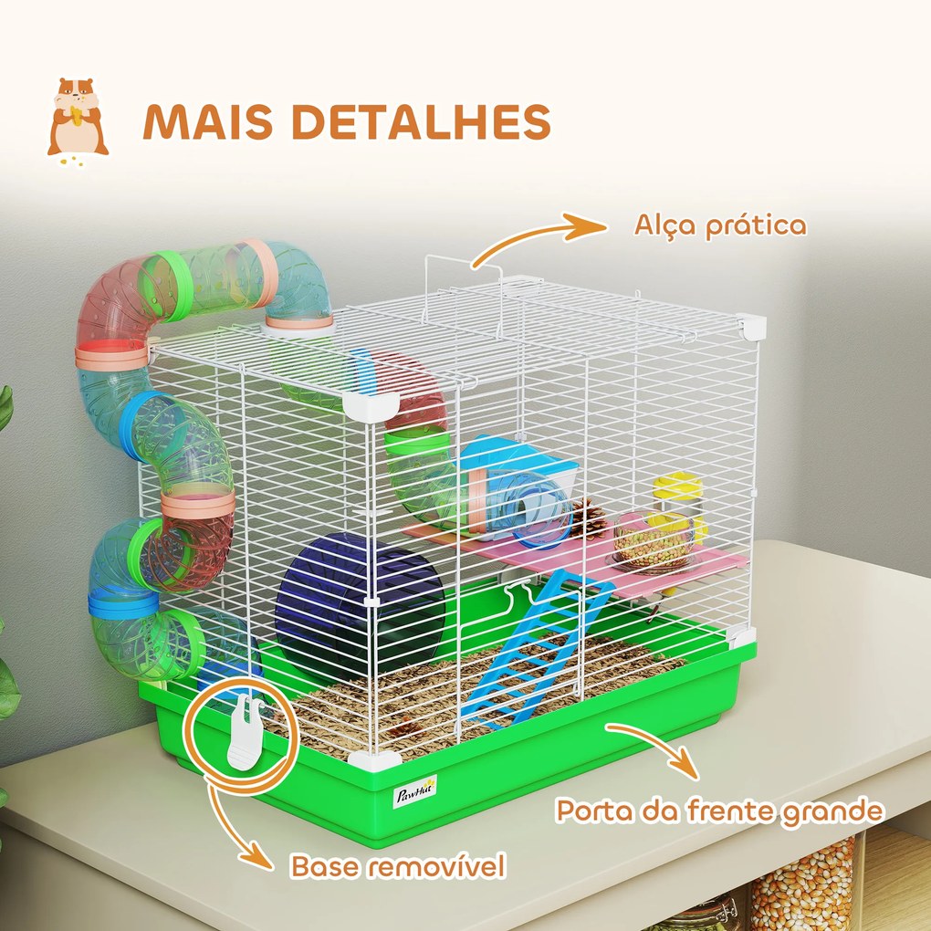 Gaiola para Hamster com Túnel Prato Bebedouro Casinha Rampa Roda de Exercício Bandeja Removível 46x30x37 cm Verde