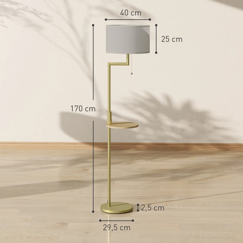Candeeiro de Pé com Mesa Auxiliar Lâmpada E27 Máx. 40W Ecrã de Linho Interruptor de Corrente e Carregador USB Ø40x170 cm Dourado
