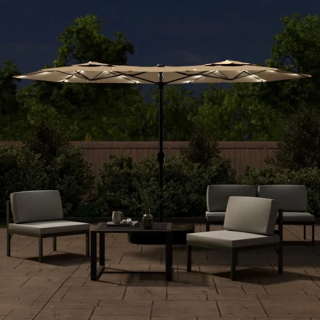 Guarda-sol jardim cabeça dupla/LED 316x240 cm cinza-acastanhado
