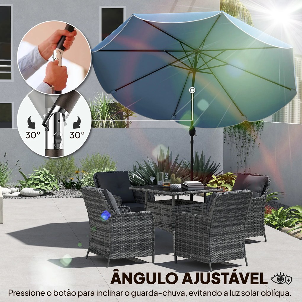 Chapéu de Sol para Jardim Ø2,7 m com Inclinação Ajustável, Manivela e Volante Azul Celeste