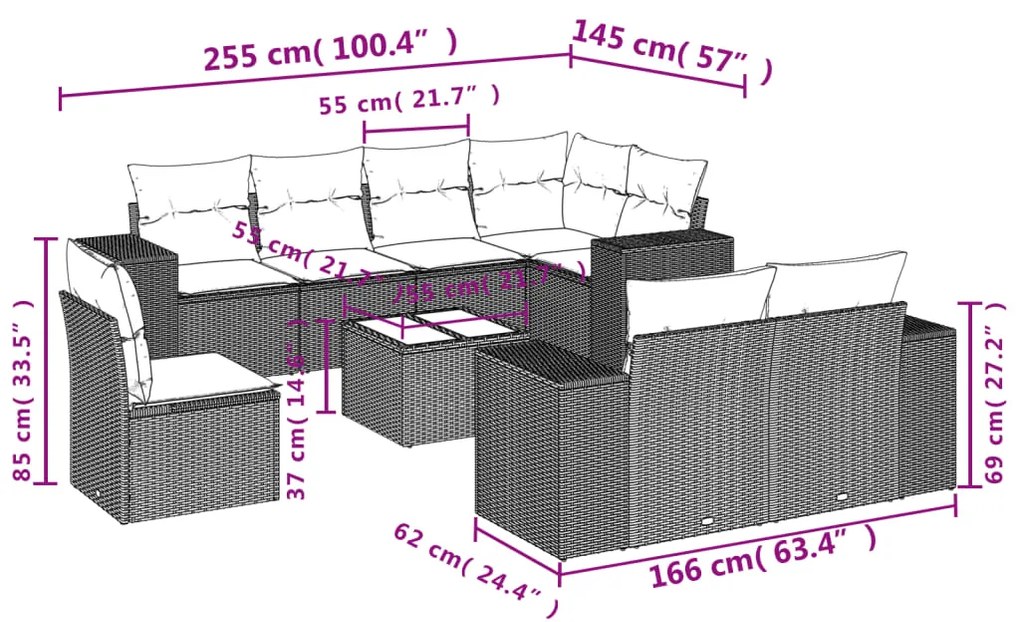 9 pcs conjunto sofás p/ jardim com almofadões vime PE cinzento