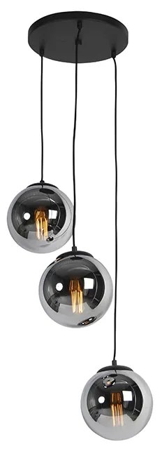 Candeeiro de suspensão Art Deco preto com vidro fumado 3 luzes - Pallon Art Deco