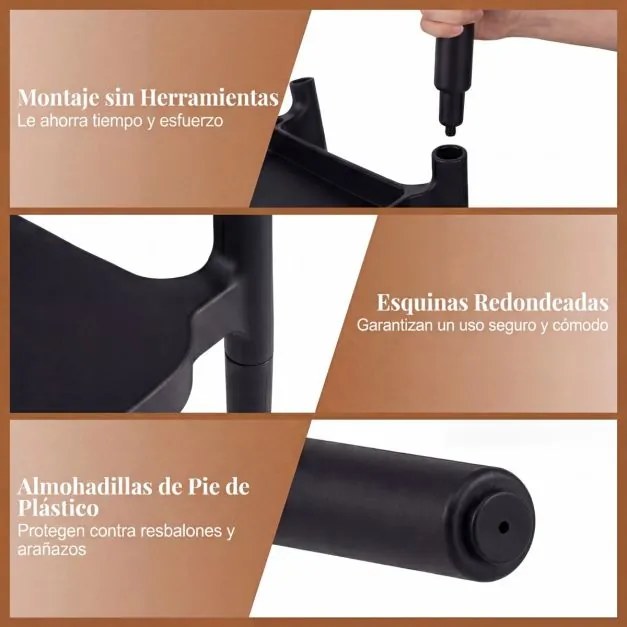 Cadeira de jantar em plástico com encosto curvo, braços e assento amplo; para uso interior e exterior, na sala, terraço ou jardim Preta